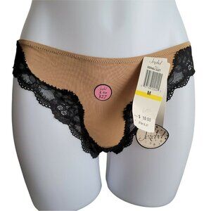 Jezebel Thong Panties 50944 Tan Black Lace Microfiber Med NWT Discontinued